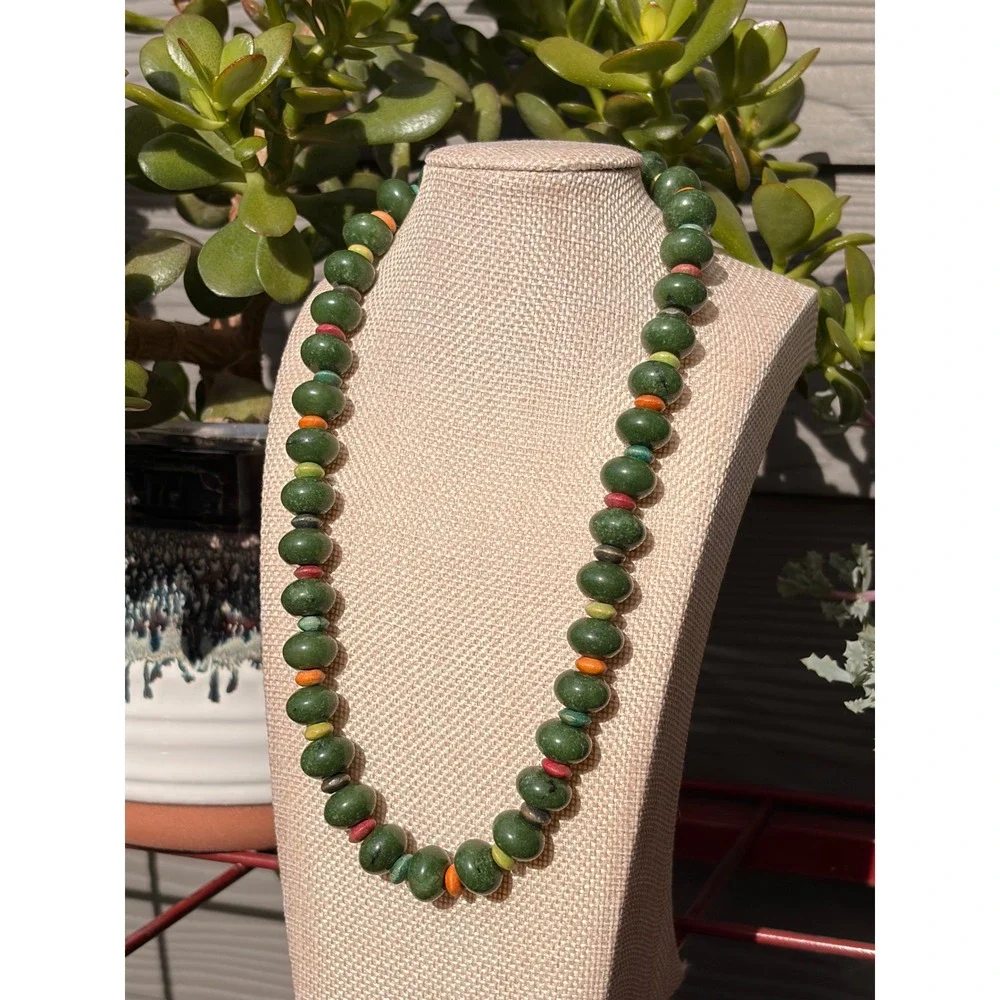 Handmade Boho Chunky Green Glass Beaded Necklace Mixed Color Eclectic Statement